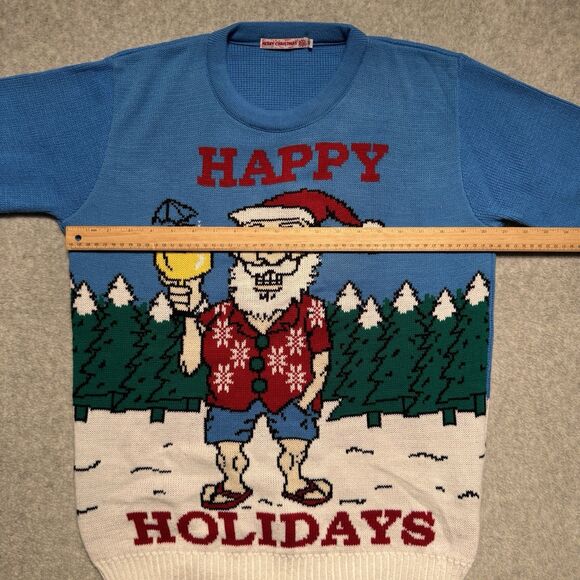 Ugly Christmas Sweater Mens Medium Blue Santa On Vacay Happy Holidays Party - Picture 6 of 9